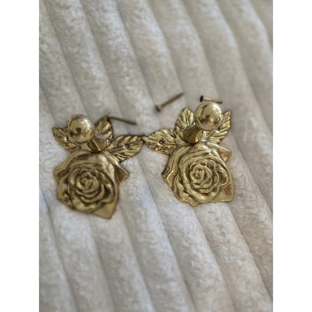 Pair Brass Curtain Rid Finials Or Tiebacks Drapery Rose Design With Screws